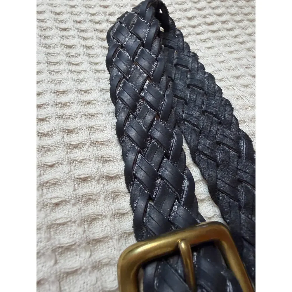 Boho Y2K Black Leather Braided Brass Buckle Belt